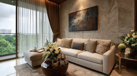 A beautifully designed living room featuring a cozy white sofa adorned with decorative cushions, complemented by elegant wall art and a serene view of nature.の素材