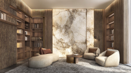 This modern living room features an elegant marble wall, stylish furniture, and warm lighting, perfect for relaxation and aesthetic appeal in contemporary spaces.の素材