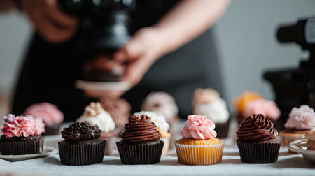 A beautiful display of cupcakes showcases a range of vibrant colors and creative icing designs, perfect for capturing the essence of baking artistry.の素材