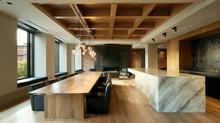 A modern dining room featuring a large wooden table and elegant lighting. The spacious interior combines natural materials with a warm atmosphere, ideal for gatherings.の素材