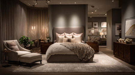 This image showcases a luxurious modern bedroom featuring elegant decor and plush bedding, creating a cozy and inviting atmosphere in soft tones.の素材