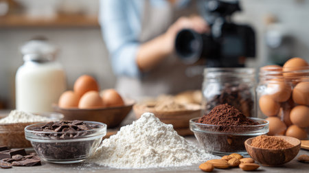 A beautifully arranged collection of baking ingredients including flour, chocolate, eggs, and milk on a wooden table, with a camera in focus, perfect for creative culinary photography.の素材