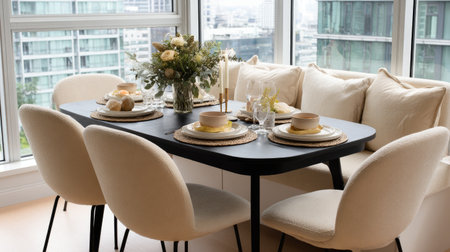 Stylish dining area featuring a beautifully set table surrounded by inviting chairs, adorned with fresh flowers, and bathed in natural light.の素材