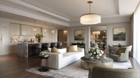 A stunning modern living room showcases luxury interior design with comfortable furniture, elegant decor, and abundant natural light, creating an inviting atmosphere.の素材