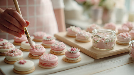 A skilled hand decorates stylish cookies with pink floral designs, showcasing culinary artistry and creativity in a charming kitchen setup.の素材