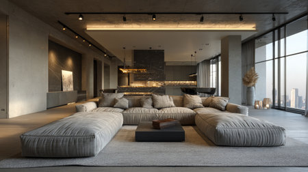 This stylish living room features a cozy sofa, large windows offering breathtaking city views, and a minimalist design that exudes elegance and comfort.の素材