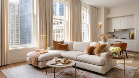 This modern living room showcases large windows offering stunning city views. Featuring a cozy sofa, elegant decor, and warm tones, it creates an inviting ambiance perfect for relaxation.の素材