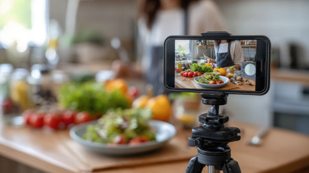 This image shows a smartphone mounted on a tripod, capturing the vibrant experience of preparing healthy food in a modern kitchen filled with fresh ingredients.の素材