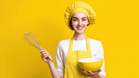 Bright and joyful image of a young woman wearing a yellow chef hat and apron, holding a whisk and a bowl in a vibrant kitchen setting.の素材