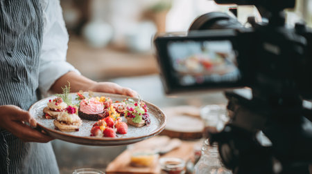 A skilled chef presents an exquisite platter of gourmet desserts, captured in a cozy kitchen setting. This image showcases vibrant colors and intricate designs.の素材