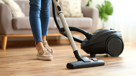 A person is actively vacuuming a hardwood floor in a cozy living room, showcasing modern cleaning habits and a tidy home environment.の素材