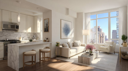 This image showcases a modern luxury apartment featuring a stylish kitchen with marble accents, a bright living area, and stunning city views through large windows.の素材