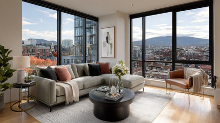 Bright and inviting living room featuring large windows that offer a stunning city view. Stylish furniture and decor create a modern and cozy atmosphere.の素材