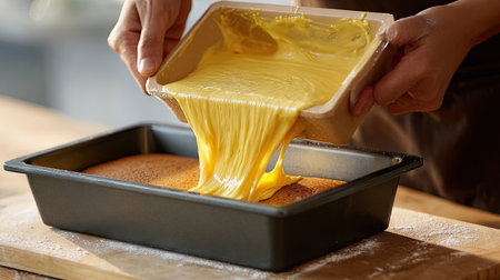 A dynamic scene capturing the moment batter is poured over a freshly baked cake in a stylish black baking pan, showcasing the joy of baking in a warm kitchen environment.の素材