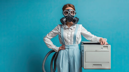 This striking image features a woman wearing protective gear and a gas mask while holding a printer. The blue background enhances her serious expression, creating a unique and conceptual portrayal that merges modern workplace elements with unusual safety themes.の素材