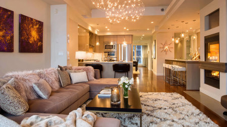 Experience a serene living space with plush textiles, elegant lighting, and contemporary design, perfect for relaxation and sophisticated gatherings.の素材