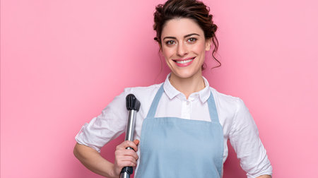 A young woman holds a cleaning tool with a joyful smile, dressed in an apron, against a bright pink background, showcasing pride in her cleaning profession.の素材