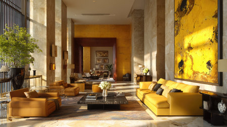 This stunning image showcases a modern luxury living room filled with elegant furniture, artistic elements, and abundant natural light. The warm tones and golden accents create a welcoming and sophisticated atmosphere, perfect for relaxation or entertaining guests.の素材
