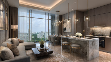 This modern luxury apartment showcases elegant furnishings with stunning city skyline views through expansive windows, creating a perfect blend of comfort and style.の素材