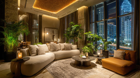 A stylish lounge interior showcasing modern furniture and soothing plants, featuring a stunning city view at night through expansive windows.の素材