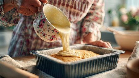 A heartwarming scene of a grandmother pouring cake batter into a baking pan, showcasing a cozy kitchen filled with warmth and love for homemade treats.の素材