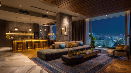 Experience the elegance of a modern living room featuring plush seating and a breathtaking skyline view, perfect for evening relaxation and social gatherings.の素材