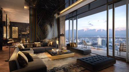 A stunning modern luxury living room featuring elegant furnishings and a breathtaking panoramic city view, perfect for relaxation and entertaining guests.の素材