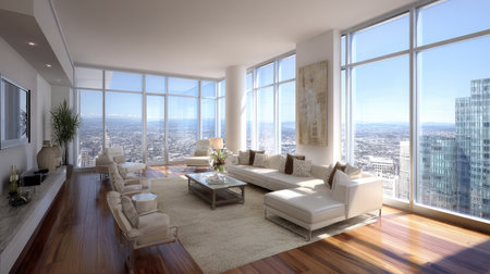 A stylish and modern living room featuring large glass windows offering breathtaking panoramic views of the bustling city below. The sleek furniture and elegant decor create a bright and inviting atmosphere, perfect for leisure and relaxation in an upscale high-rise apartment setting.の素材