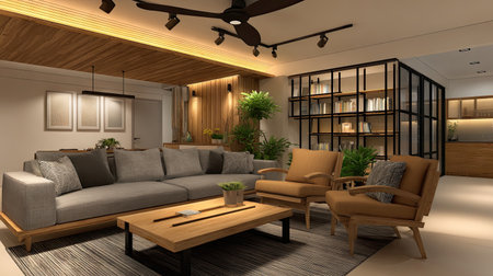This modern living room features stylish furniture and rich textures, creating a warm and inviting atmosphere perfect for relaxation and gatherings.の素材