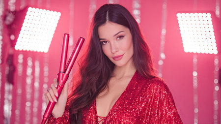 A stunning woman poses confidently in a sparkling red outfit, holding hair styling tools against a vibrant pink background with dramatic lighting.の素材