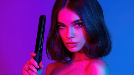 A fashionable woman elegantly holds a hair straightener while posing under vibrant neon lighting. The image captures beauty, confidence, and modern hairstyling trends.の素材