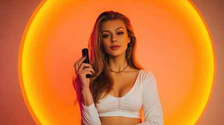A stylish young woman poses confidently while holding a cosmetic product. The vivid orange backdrop creates a warm and inviting atmosphere, highlighting her beauty and elegance in a modern setting.の素材