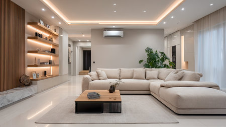 A beautifully designed living room showcasing a modern sofa and stylish lighting, emphasizing minimalist decor and a cozy atmosphere in a contemporary home.の素材