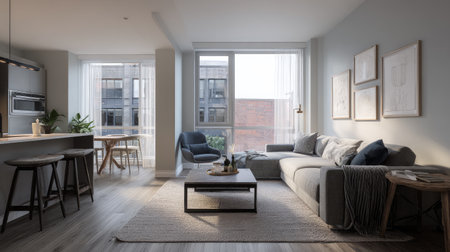 Experience the charm of this modern living room in an urban apartment. Enjoy the blend of minimalistic design, comfortable seating, and abundant natural light, creating an inviting atmosphere for relaxation and social gatherings.の素材