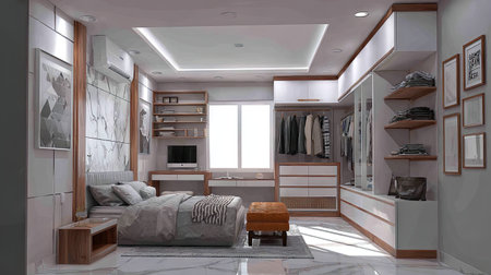 Modern minimalist bedroom interior showcases sleek furniture and elegant decor in a harmonious color palette, creating a tranquil and stylish living space.の素材