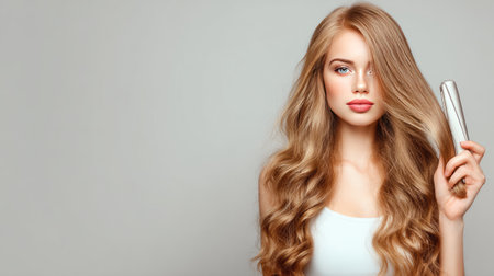 A beautiful young woman with long wavy hair holds a sleek hair styling tool, radiating confidence in a minimalist gray background that emphasizes fashion and beauty.の素材