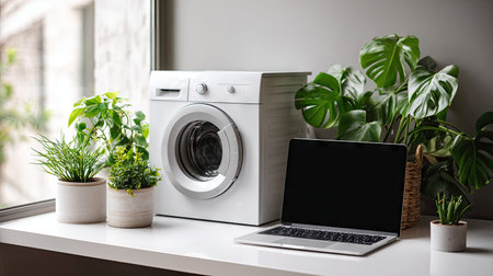A beautifully arranged laundry space featuring a washing machine and a laptop surrounded by vibrant green plants, creating a fresh and inviting atmosphere.の素材