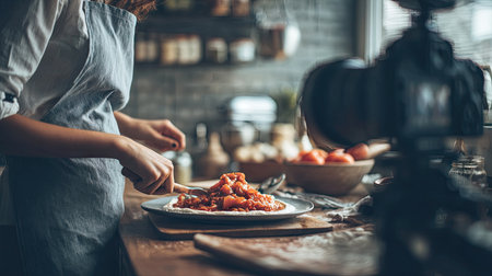 A woman meticulously prepares a pizza with fresh ingredients in a cozy kitchen. This image captures the essence of culinary passion and home cooking.の素材