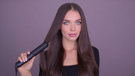 A young woman with straight and glossy long hair holds a hair straightener, showcasing a confident pose in a beauty studio. The image captures her vibrant eyes and elegant style, perfect for beauty and lifestyle themes.の素材