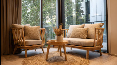 This image captures a cozy and modern living room featuring natural wood furniture, soft cushions, and bright sunlight filtering through large windows, creating a warm and inviting atmosphere.の素材