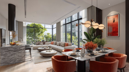 This modern living room and dining area feature large windows that invite natural light, creating a cozy atmosphere with elegant furnishings and greenery.の素材