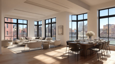 Contemporary living area filled with natural light, featuring stylish furniture and a sophisticated dining setup, ideal for urban living and elegant gatherings.の素材