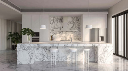 A sophisticated and modern kitchen featuring exquisite marble countertops, sleek cabinetry, and bright lighting, creating a stylish and inviting atmosphere perfect for any contemporary home.の素材