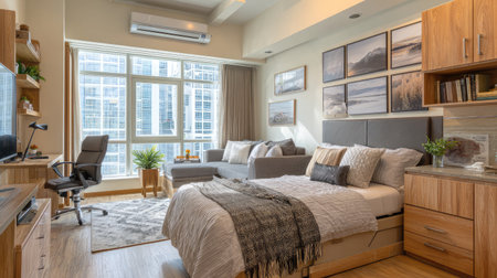 This serene studio apartment features large windows, stylish decor, and a cozy atmosphere, ideal for comfortable urban living and relaxation.の素材