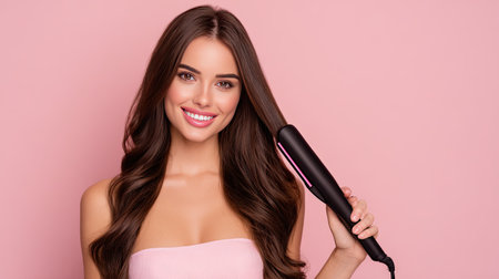 A cheerful young woman poses with a hair straightener, showcasing her stunning long hair against a soft pink backdrop, representing beauty and style.の素材
