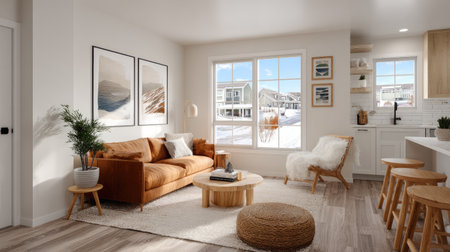 This image showcases a beautifully designed living room featuring a brown sofa, large windows, and a welcoming atmosphere. The space is bright and modern, perfect for relaxation and comfort.の素材