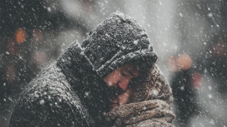 A touching moment captured as a couple embraces in heavy snowfall, surrounded by a winter wonderland. Their love radiates warmth despite the cold atmosphere.の素材