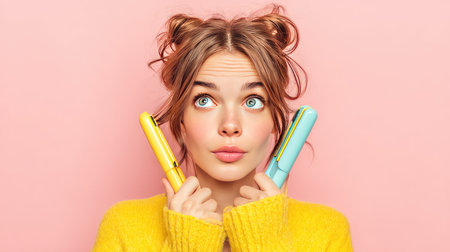 A cheerful young woman poses with hair styling tools in each hand, showcasing a fun and creative approach to beauty against a vibrant pink background.の素材