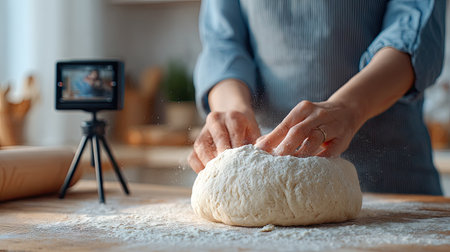 A woman skillfully kneads dough on a wooden surface in a cozy kitchen, capturing the process with a camera on a tripod for online sharing.の素材