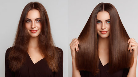 Captivating transformation showcasing a model's hair journey from natural texture to sleek, polished shine. Ideal for beauty and salon contexts.の素材